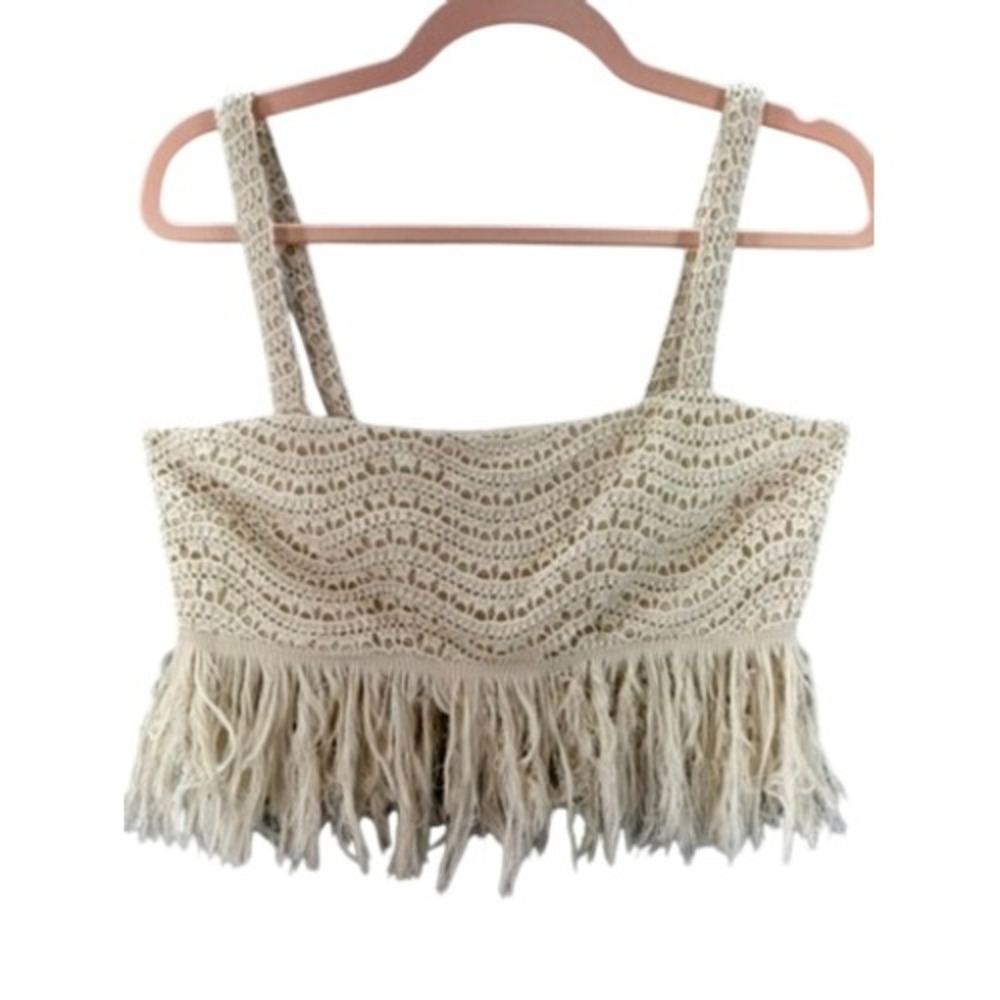 Antonio Melani Crochet Crop Top Womens 8 Cream Fringe Boho Square Neck Tank